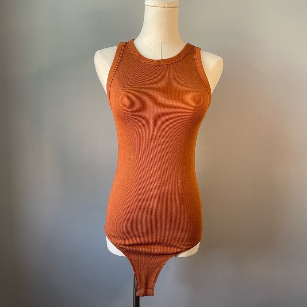 A New Day Ribbed Tank Bodysuit Round Neck Burnt Orange Rust Sleeveless (S)